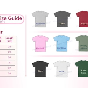 May include: Color and size guide for a t-shirt, featuring a size chart with width and length in centimeters. The image displays various t-shirt colors, including SportGrey, Grey, Maroon, Navy, Light Pink, Light Blue, Military Green, Sand, Black, White, and Forest Green.