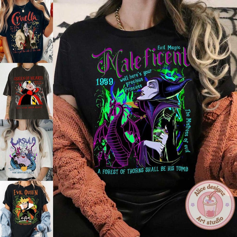 May include: Black t-shirt with a graphic print of Maleficent from the Disney movie Sleeping Beauty. The graphic includes a dragon, the text "Maleficent", "Evil Magic", "The Mistress of Evil", "1959", and "A forest of thorns shall be his tomb".