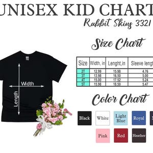 May include: Unisex kid's t-shirt size chart with measurements in inches. The chart shows sizes 2T, 3T, 4T, and 5T. A black t-shirt is shown with the words "Width" and "Length" labeled on it. A color chart shows the available colors: black, white, light blue, royal blue, navy, pink, red, and heather.