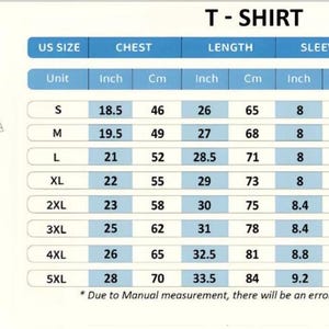 Op de afbeelding: Een maattabel voor T-shirts met afmetingen in inches en centimeters. Bevat borst-, lengte-, mouw- en schouderafmetingen voor maten S t/m 5XL. Er is ook een illustratie van een T-shirt.