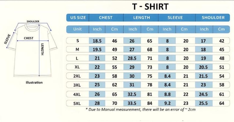 Op de afbeelding: Een maattabel voor T-shirts met afmetingen in inches en centimeters. Bevat borst-, lengte-, mouw- en schouderafmetingen voor maten S t/m 5XL. Er is ook een illustratie van een T-shirt.