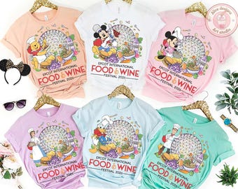 All characters Epcot International Food & Wine Festival shirt, Mickey n friends Figment Remy Epcot Center shirt, Snacking Drinking team Tee