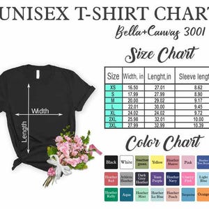 May include: Unisex t-shirt size chart with measurements in inches for XS, S, M, L, XL, 2XL, and 3XL.  The chart also includes a color chart with various colors, including black, white, heather green, yellow, mauve, pink, heather royal, red, heather red, athletic heather, dark grey heather, team purple, navy heather, charity pink, light blue, true royal, heather kelly, aqua, heather mint, heather ice blue, heather peach, turquoise, and orange.
