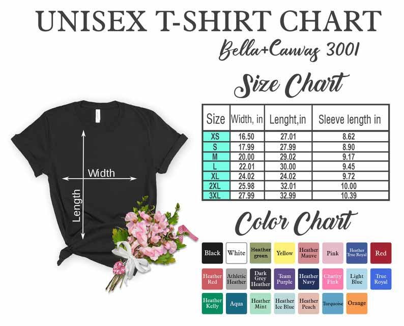 May include: Unisex t-shirt size chart with measurements in inches for XS, S, M, L, XL, 2XL, and 3XL.  The chart also includes a color chart with various colors, including black, white, heather green, yellow, mauve, pink, heather royal, red, heather red, athletic heather, dark grey heather, team purple, navy heather, charity pink, light blue, true royal, heather kelly, aqua, heather mint, heather ice blue, heather peach, turquoise, and orange.