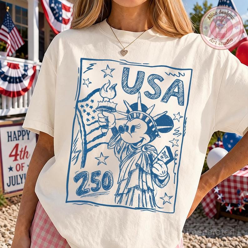 May include: Cream-colored t-shirt with a blue graphic featuring the Statue of Liberty as Mickey Mouse, holding a torch and a July 4th ticket. The word "USA" and the number "250" are also in blue. The shirt is decorated with stars and a waving American flag.