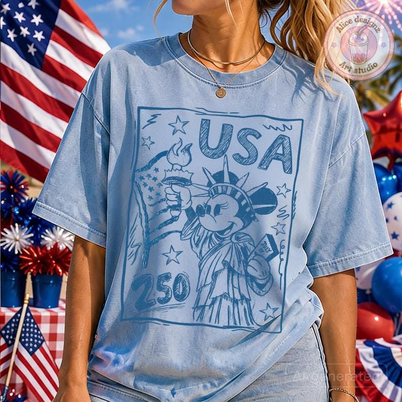May include: Light blue t-shirt featuring a graphic of Mickey Mouse as the Statue of Liberty, holding a torch and a scroll that says "July". The word "USA" is above the image, with the number "250" below. The shirt has a vintage, faded look.