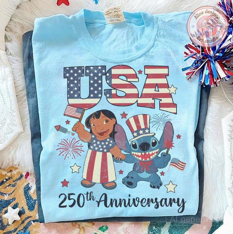 May include: A light blue t-shirt featuring a graphic of Lilo and Stitch. The text "USA" is printed in a red, white, and blue flag pattern above the characters. Below, the text "250th Anniversary" is printed in black. The design includes stars and fireworks.