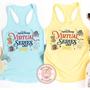 May include: Two tank tops with a yellow and a light blue background. Both tank tops feature the text "runDisney VIRTUAL SERIES 2025" with various Disney characters and symbols.
