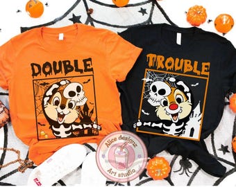 Chip n Dale Skeleton Double Trouble Halloween shirt, WDW Disneyland Family Besties Halloween shirts, Chip n dale Halloween funny couple Tee
