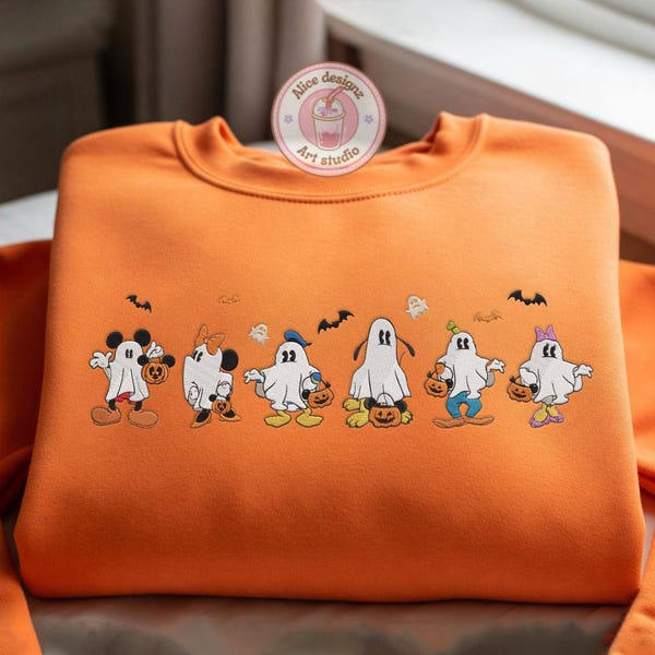 EMBROIDERED Mickey & friends Ghost Pumpkin Halloween T-shirt Sweatshirt Hoodie, Not So Scary WDW Disneyland Embroidery shirt
