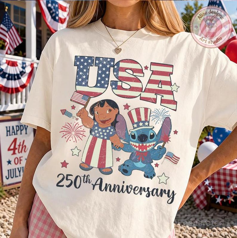 May include: A cream-colored t-shirt featuring a graphic of Lilo and Stitch dressed in patriotic attire. The text reads USA and 250th Anniversary, accompanied by illustrations of American flags, fireworks, and stars in red, white, and blue colors.