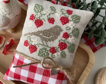 Bird with Strawberries Summer Cross Stitch Pattern (PDF)
