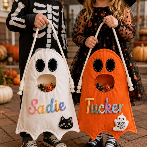 Personalized Ghost Trick or Treat Bag, Custom Name Halloween Candy Tote
