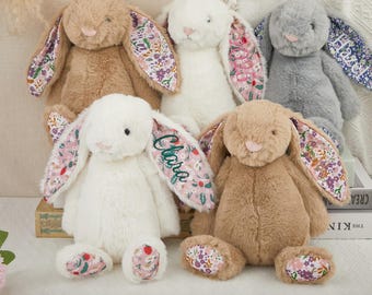 Personalized Long Ear Bunny Plush with Name,Custom Embroidered Bunny Rabbit,Newborn Keepsake Plush,Floral-Eared Bunny with Name,BirthdayGift
