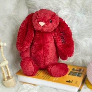 May include: A plush red bunny rabbit with long floppy ears and a small pink nose. The word "Annie" is embroidered on one ear. The bunny is sitting on a book with yellow pages.