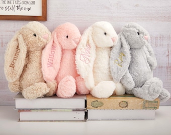 Personalisierte gestickte Häschen weiches Plüschtier, benutzerdefinierte Häschen, Blumenmädchen Geschenk, Baby-Dusche-Geschenk, monogrammiert Häschen, Ostergeschenk