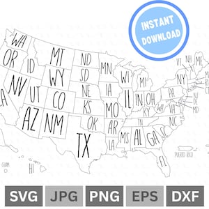 May include: Black and white outline map of the United States with state abbreviations. A blue circle with "INSTANT DOWNLOAD" text is in the upper right. Below the map are file type icons: SVG, JPG, PNG, EPS, and DXF.