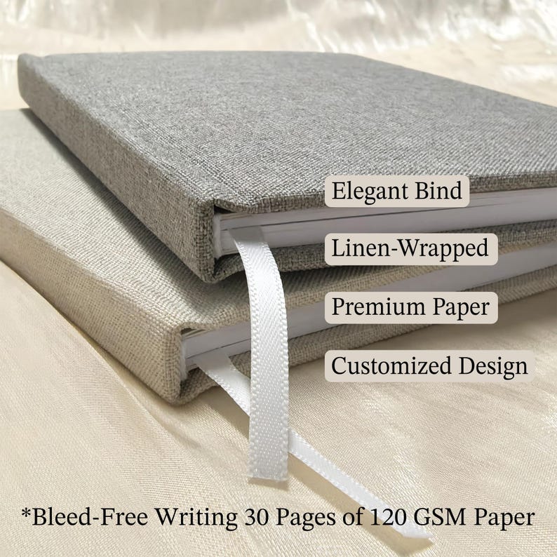 Op de afbeelding: Twee rechthoekige boeken met linnen kaften in grijs en beige. Elk boek is voorzien van een wit lint als bladwijzer en de tekst: Elegant Bind, Linen-Wrapped, Premium Paper, Customized Design en Bleed-Free Writing 30 Pages of 120 GSM Paper.
