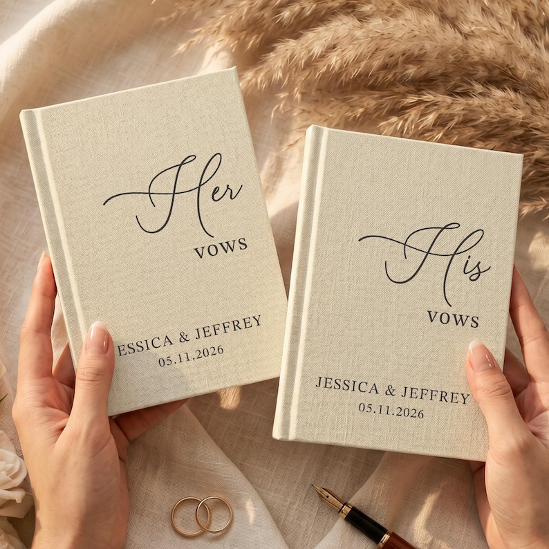 Op de afbeelding: Twee cr&egrave;mekleurige, met stof beklede gelofteboekjes met zwarte tekst. Het ene boekje bevat de tekst Her Vows, het andere His Vows, beide gepersonaliseerd met de namen Jessica & Jeffrey en de datum 05.11.2026 in een strak, schreefloos lettertype.