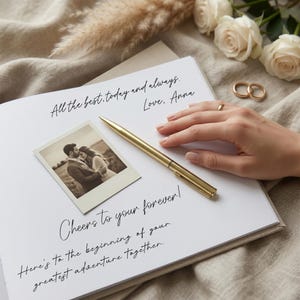 May include: A white guest book page featuring the handwritten text All the best, today and always. Love, Anna and Cheers to your forever! Here’s to the beginning of your greatest adventure together. A gold pen and a square black and white photo.