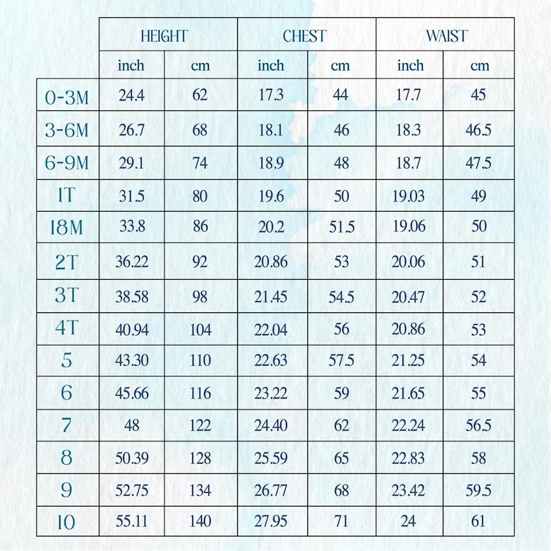 May include: A chart showing clothing size measurements in inches and centimeters for children's clothing. The chart includes height, chest, and waist measurements for sizes 0-3M through 10.