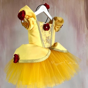 May include: Yellow tulle and satin dress with red rose accents. The dress has a fitted bodice with a lace overlay and a full tulle skirt. The dress is on a white hanger.