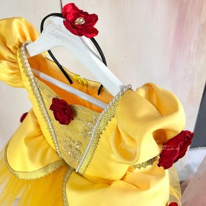 May include: Yellow satin dress with a tulle skirt and red rose accents. The dress has a lace trim and a zipper closure in the back. The dress is on a white hanger.