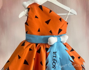 Flintstones Pebbles Baby Costume,  Orange Halloween Toddler Dress, First Birthday Girl Outfit, Pageant Dress