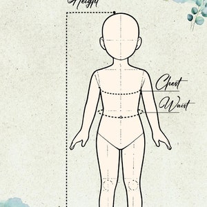 May include: A line drawing of a child's body with markings for height, chest, and waist measurements. The drawing is on a light beige background with a watercolor design in the corners.