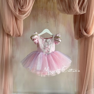 May include: A pink tulle tutu with a pink satin bodice and white lace trim. The bodice has short sleeves with gold trim. The tutu is hanging on a white hanger against a pink background.