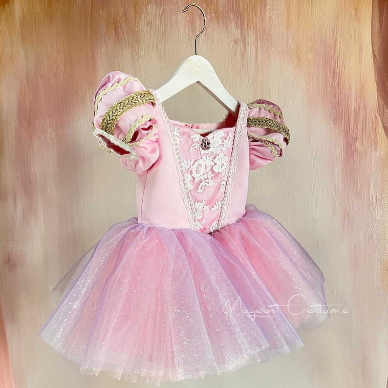 May include: A pink and lavender princess costume dress with a tulle skirt. The bodice has lace detailing and gold trim on the sleeves. The dress is hanging on a white hanger.
