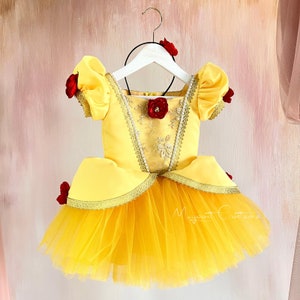 May include: A yellow tulle and satin dress with red rose embellishments. The dress has a fitted bodice with a gold embroidered design and a full tulle skirt. The dress is on a hanger.