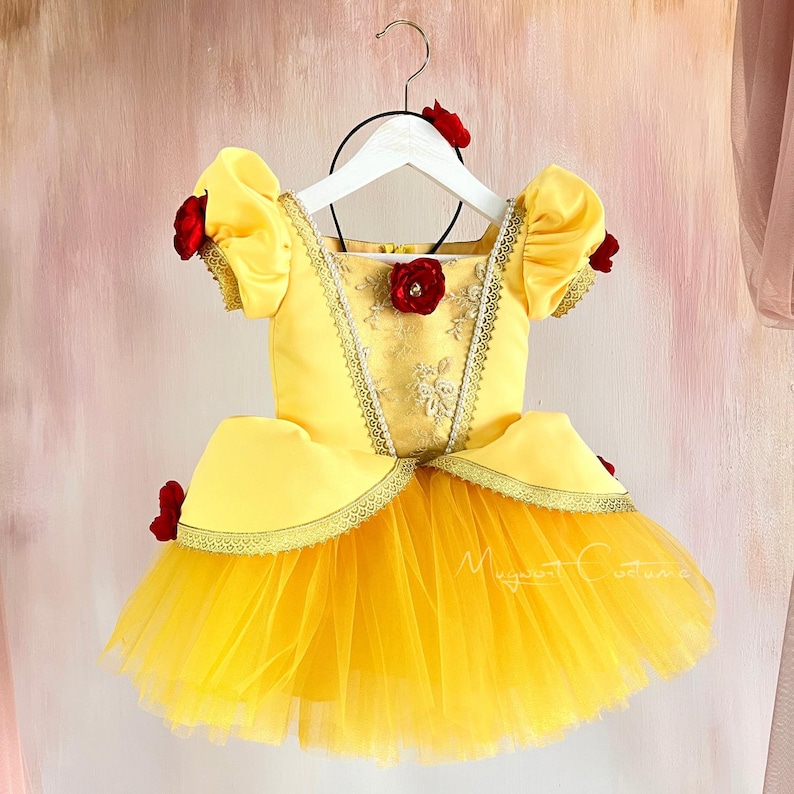 May include: A yellow tulle and satin dress with red rose embellishments. The dress has a fitted bodice with a gold embroidered design and a full tulle skirt. The dress is on a hanger.
