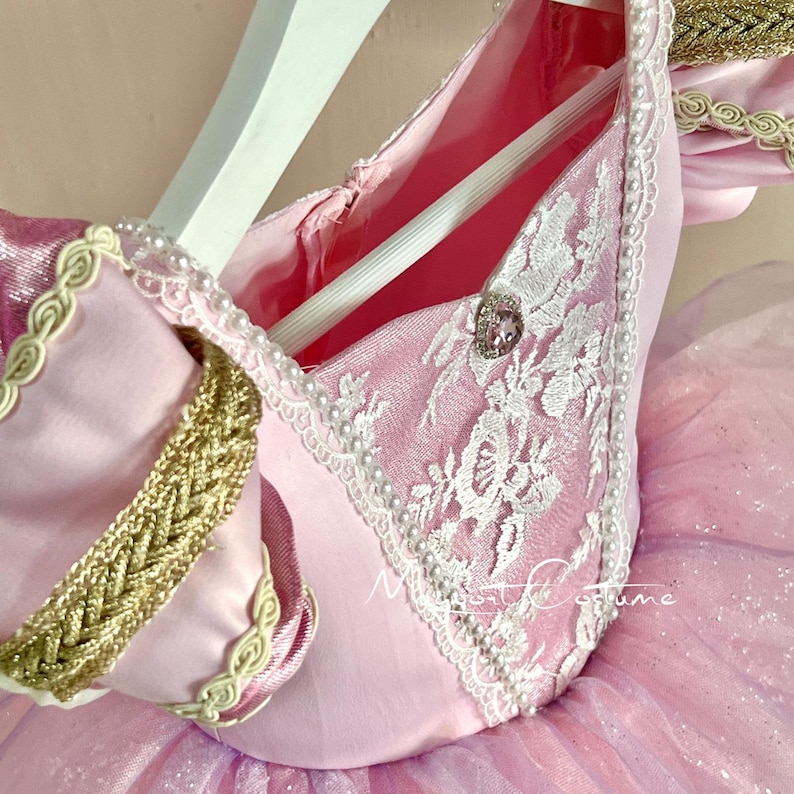 May include: Pink princess costume with a white lace bodice, gold trim, and a pearl-like trim. The bodice has a pink button with a rhinestone in the center.