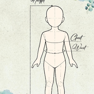 May include: A line drawing of a child's body with markings for height, chest, and waist measurements. The drawing is on a light beige background with a watercolor design in the corners.