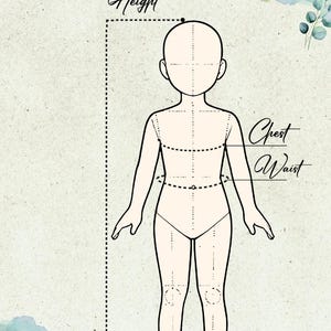 May include: Illustration of a child's body with dotted lines indicating measurement points for a costume. Text includes "Height", "Chest", and "Waist". The words "Mugwort Costume" are at the top.
