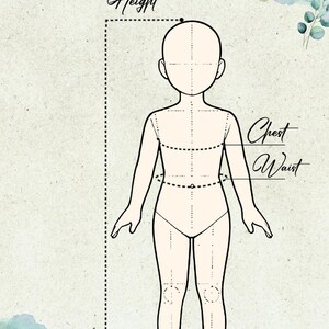 May include: A diagram for a costume, featuring a stylized human figure with dotted lines indicating measurements for height, chest, and waist. The text "MuGwort COSTUME" is at the top, with decorative watercolor elements in the corners. The background is a light, textured paper.