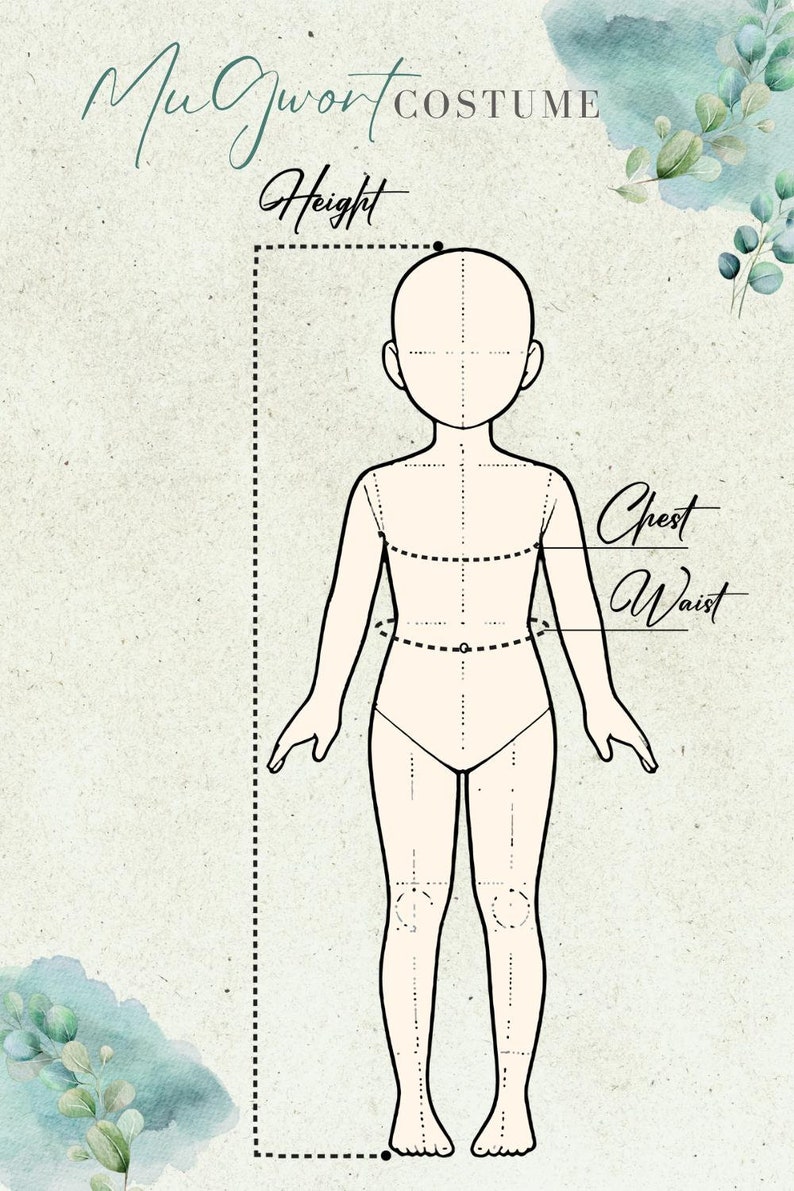 May include: A diagram for a costume, featuring a stylized human figure with dotted lines indicating measurements for height, chest, and waist. The text "MuGwort COSTUME" is at the top, with decorative watercolor elements in the corners. The background is a light, textured paper.
