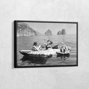 Eating Spaghetti on the Water Print, Capri Italy Girls Eating Pasta Poster, Funny Picnic On Floaties Poster, Girl Poster, Eating on Lake