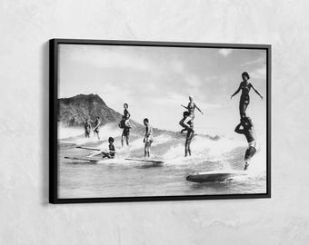 Vintage Surfers Print, Surfing Poster, Retro Surfboard Canvas, Surf Coastal Art Summer Wall Art, Beach House Decor, Black and White Photo
