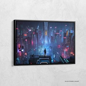 Cyberpunk City Poster, Night City Cyberpunk Print, Neo Futuristic Wall Art, Neon Lights Canvas, Game Room Wall Art, Skyline City Wall Art