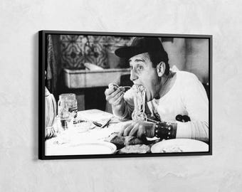 Alberto Sordi Eating Spaghetti Canvas, Alberto Sordi Eating Macaron Poster, An American in Rome Print, Pasta Canvas, Black White Retro Photo