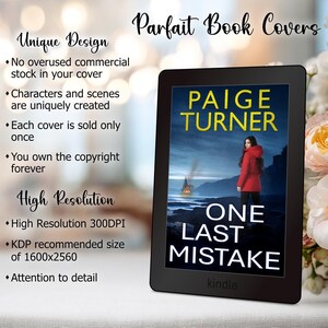 Puede incluir: Un lector de libros electr&oacute;nicos Kindle muestra la portada del libro "One Last Mistake" de Paige Turner. La portada presenta a una mujer con un abrigo rojo sobre un fondo monta&ntilde;oso oscuro. La imagen tambi&eacute;n incluye texto que promociona "Parfait Book Covers."