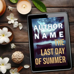 May include: A book cover with a dark blue background and a lake scene. The title "The Last Day of Summer" is in gold lettering. The author's name is "AUTHOR NAME" and the text "Award Winning Author Paige Turner" is at the top of the cover.