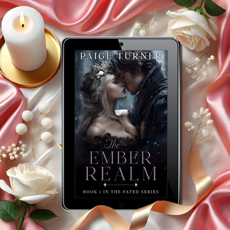 K&ouml;nnte beinhalten: Ein schwarzes Tablet zeigt das Cover von "The Ember Realm" von Paige Turner, das ein k&uuml;ssendes Paar zeigt. Das Buchcover ist vor rosa Satin, einer brennenden Kerze und wei&szlig;en Rosen platziert.