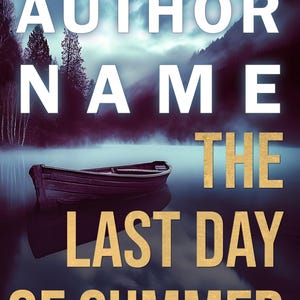 May include: Book cover with a misty lake scene and a small wooden boat. The title "The Last Day of Summer" is in gold lettering. The author's name is in white lettering.