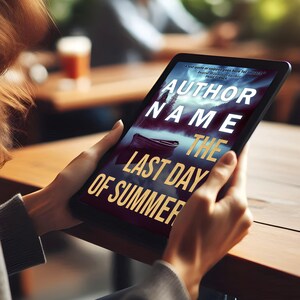 May include: A book cover with a dark blue background and a boat on a lake. The title is "The Last Day of Summer" in gold lettering. The author's name is "AUTHOR NAME" in white lettering.