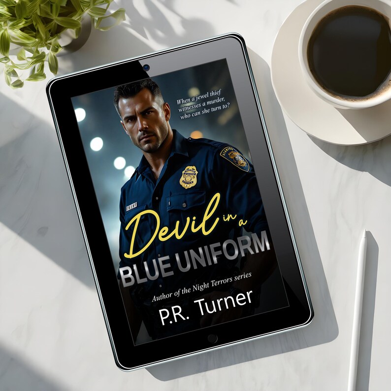 May include: A digital tablet displaying the book cover of "Devil in a Blue Uniform" by P.R. Turner. The cover features a man in a police uniform. The title is in yellow script. A cup of coffee and a plant are in the background.