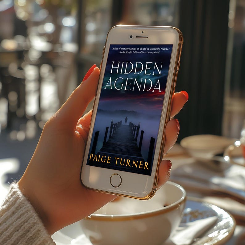 Puede incluir: Un tel&eacute;fono inteligente que muestra la portada de "Hidden Agenda" de Paige Turner. La portada del libro presenta a una persona en un muelle en un paisaje brumoso. El tel&eacute;fono tiene un marco dorado y se sostiene en una mano con esmalte de u&ntilde;as rojo.
