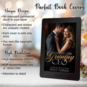 May include: A Kindle e-reader displays a book cover titled "Taming Her Grumpy CEO" by Paige Turner. The cover art features a couple embracing. Text on the left side highlights the book's unique design and high resolution.